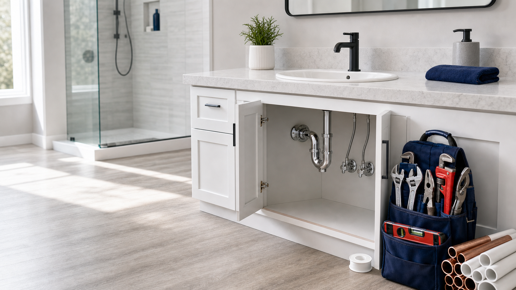 Professional residential plumbing service — bright modern bathroom vanity with exposed chrome P-trap, angle stops, and a plumber's tool bag with wrenches, level, and copper and PVC pipes.